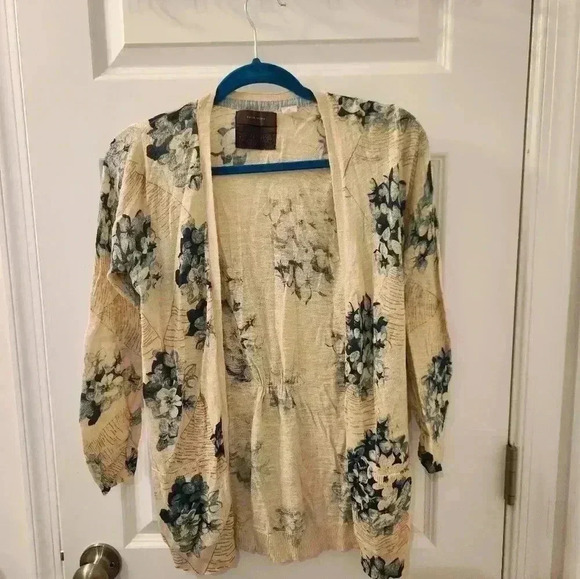 Guinevere Open Front Cardigan Size Small Ivory Floral Beige Tan Anthro #Q381 - Picture 1 of 5